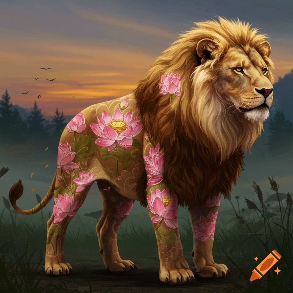 A majestic lion adorned with vibrant pink lotus flower tattoos stands in a grassy field at sunset, with a forest in the background.