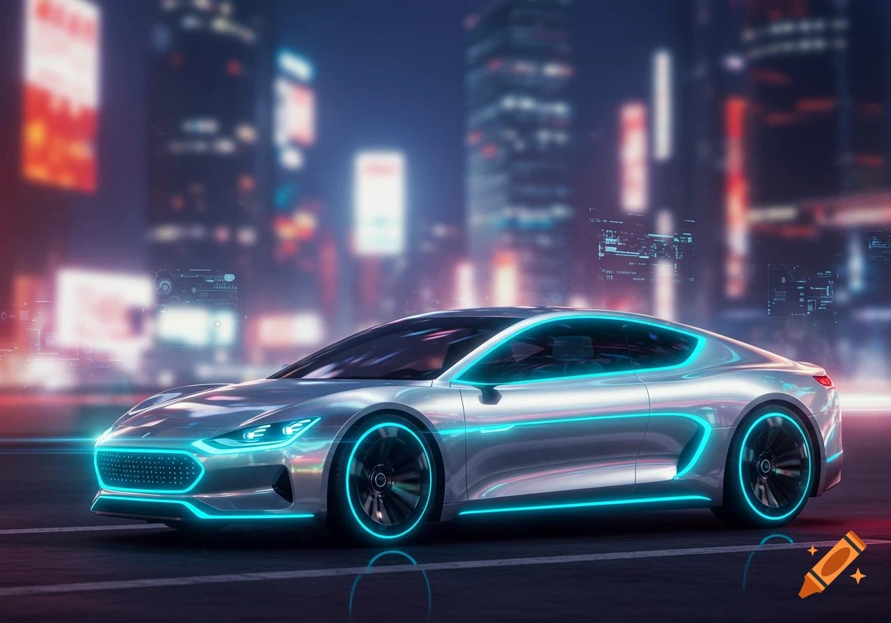 A silver futuristic sports car with glowing blue accents parked on a street in a vibrant, blurred city at night.