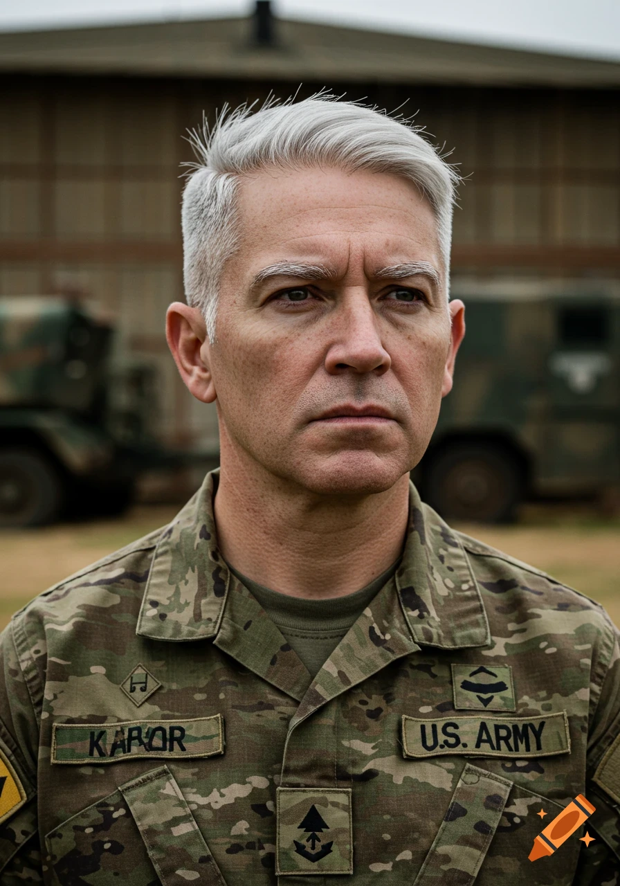 Photorealistic portrait of a serious man with white hair in a U.S. Army camouflage uniform.