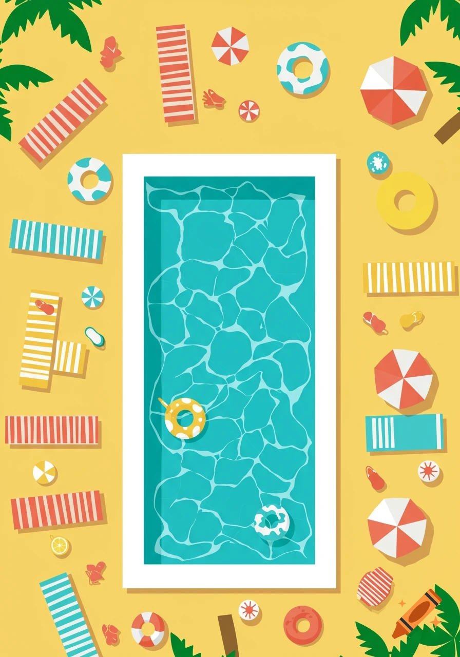 Overhead flat illustration of a rectangular swimming pool surrounded by colorful towels, umbrellas, and floats on a yellow ground with palm trees.