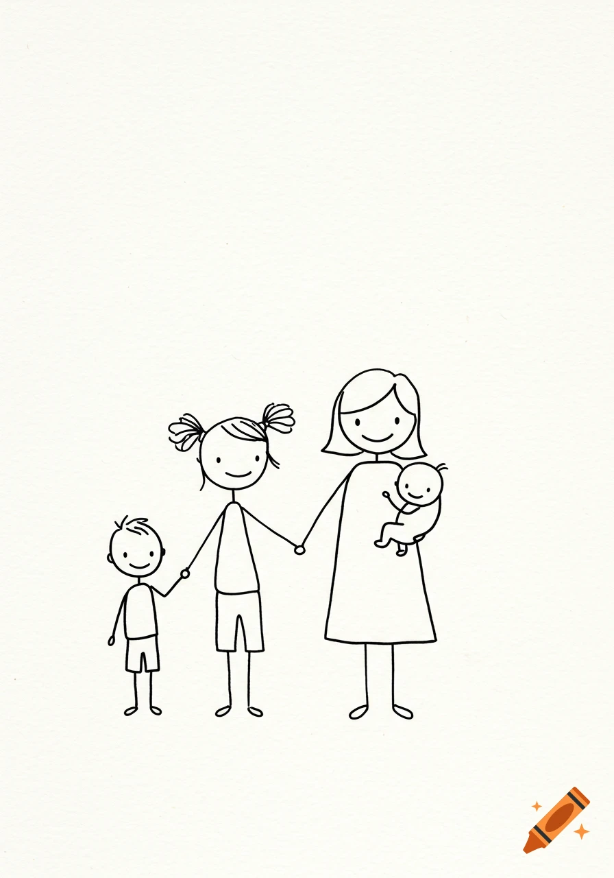 Black sketch of stick figures: a mother holding a baby, a girl, and a boy holding hands on a white background.