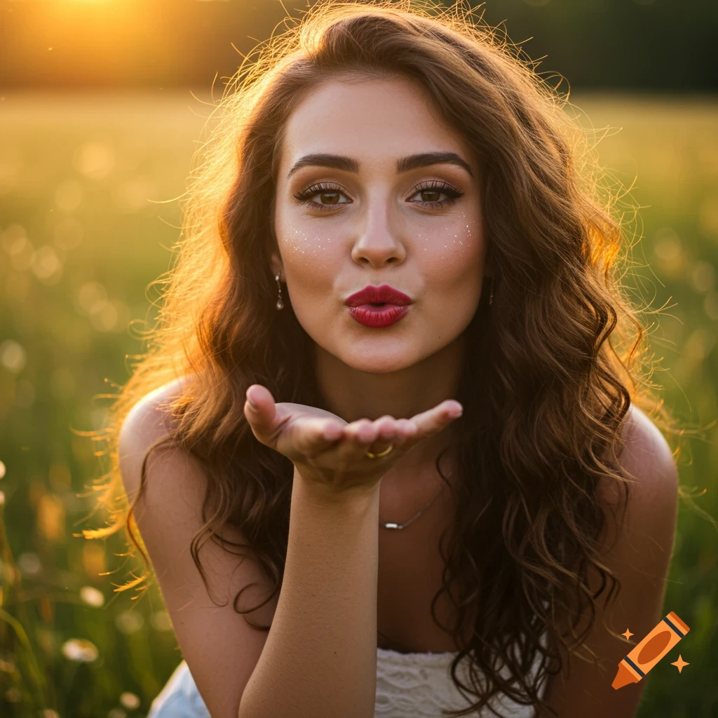 A photorealistic close-up of a woman with long hair and red lipstick blowing a kiss in a golden sunset field.