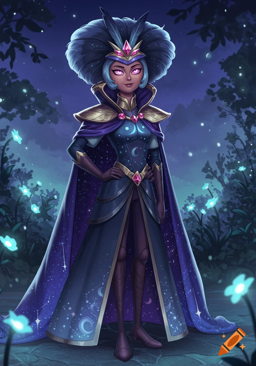 A stylized dark-skinned woman with large dark blue hair and glowing pink eyes wears an ornate blue and gold outfit with a long starry cape, standing in a magical forest at night with glowing blue flowers.