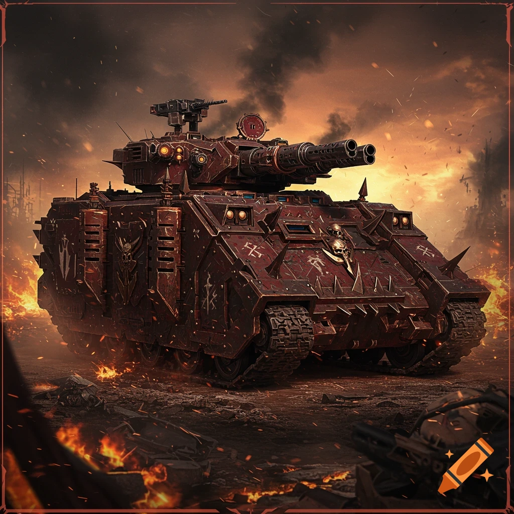 A heavily armored, dark red tank with spikes and demonic symbols stands amidst a fiery, war-torn landscape under a smoky orange sky.