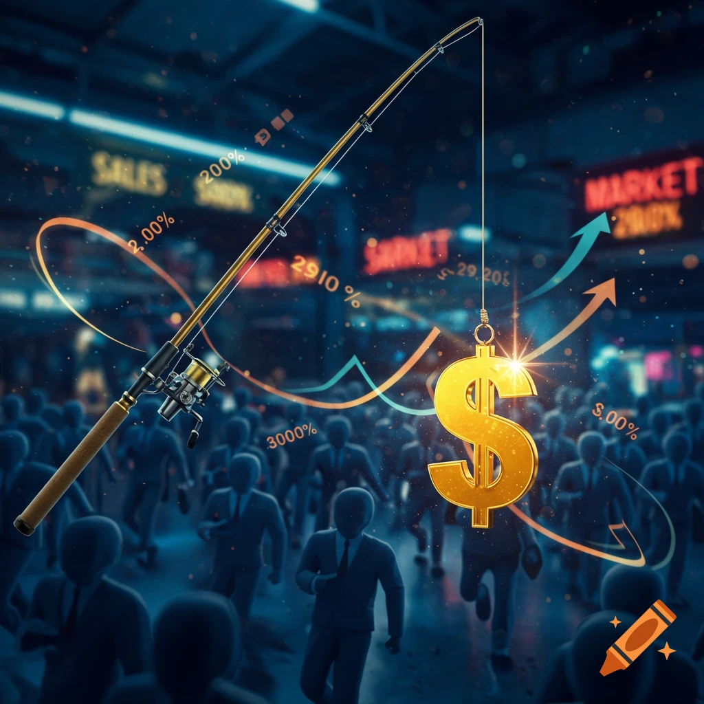 Fishing pole with a shining dollar sign lure above silhouetted figures in suits, set against a background of sales graphs and percentages.