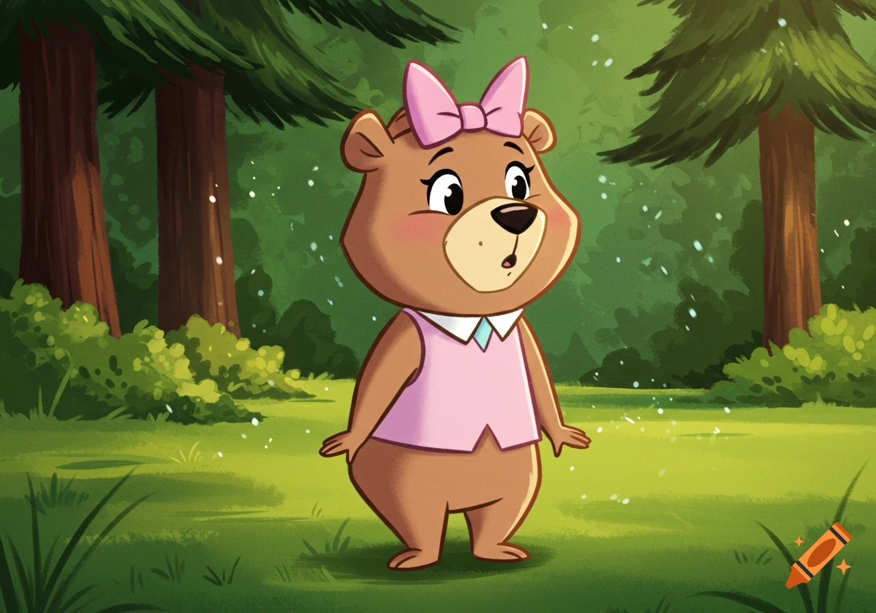 A brown female bear character with a pink bow and vest stands in a green forest in a classic cartoon style.