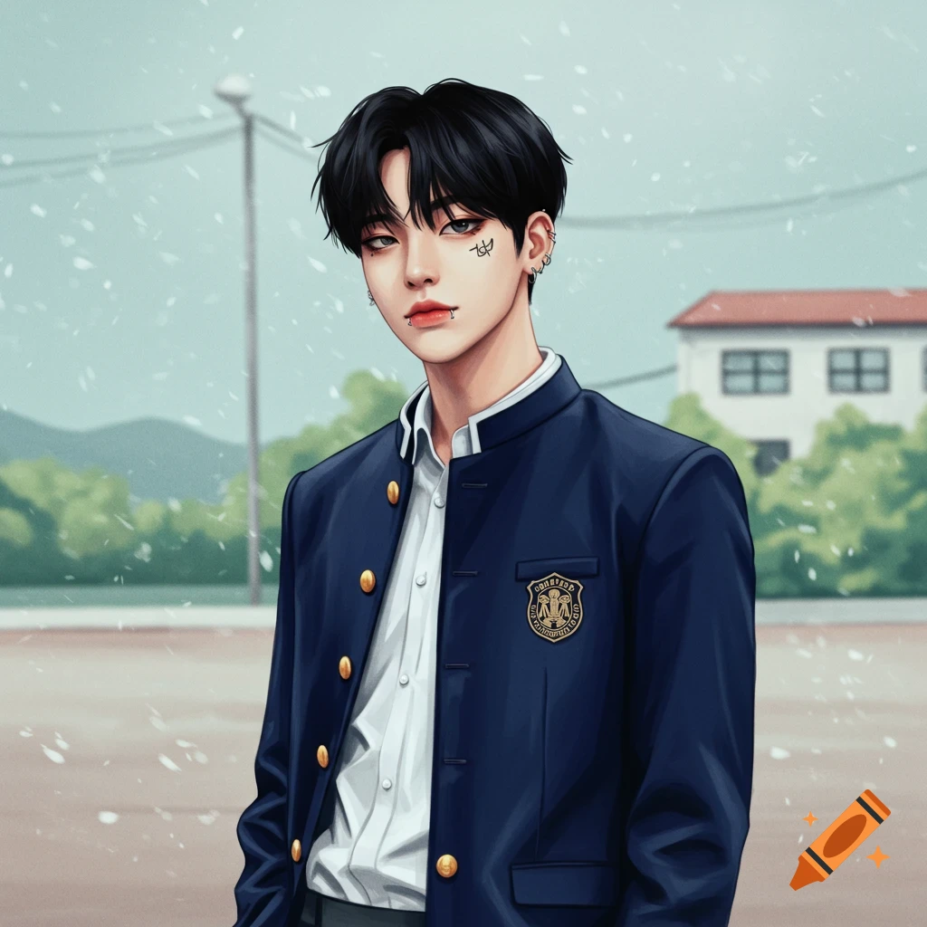 Anime-inspired portrait of a young Korean man in a school uniform, with black hair and facial piercings, standing in snow.