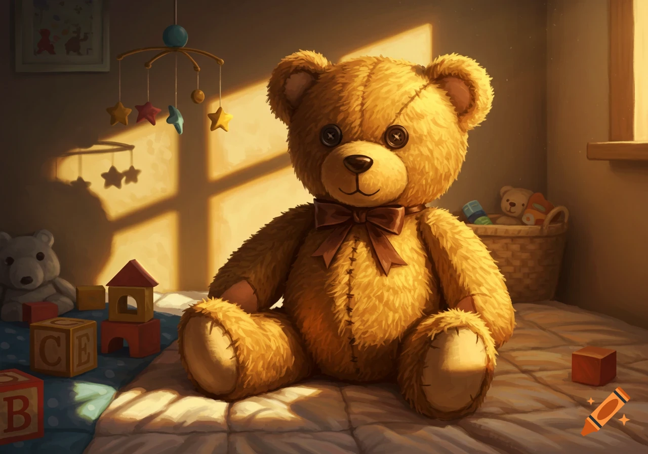 A fluffy brown teddy bear with a bow sits on a bed in a sunlit child's room with toys and a mobile.