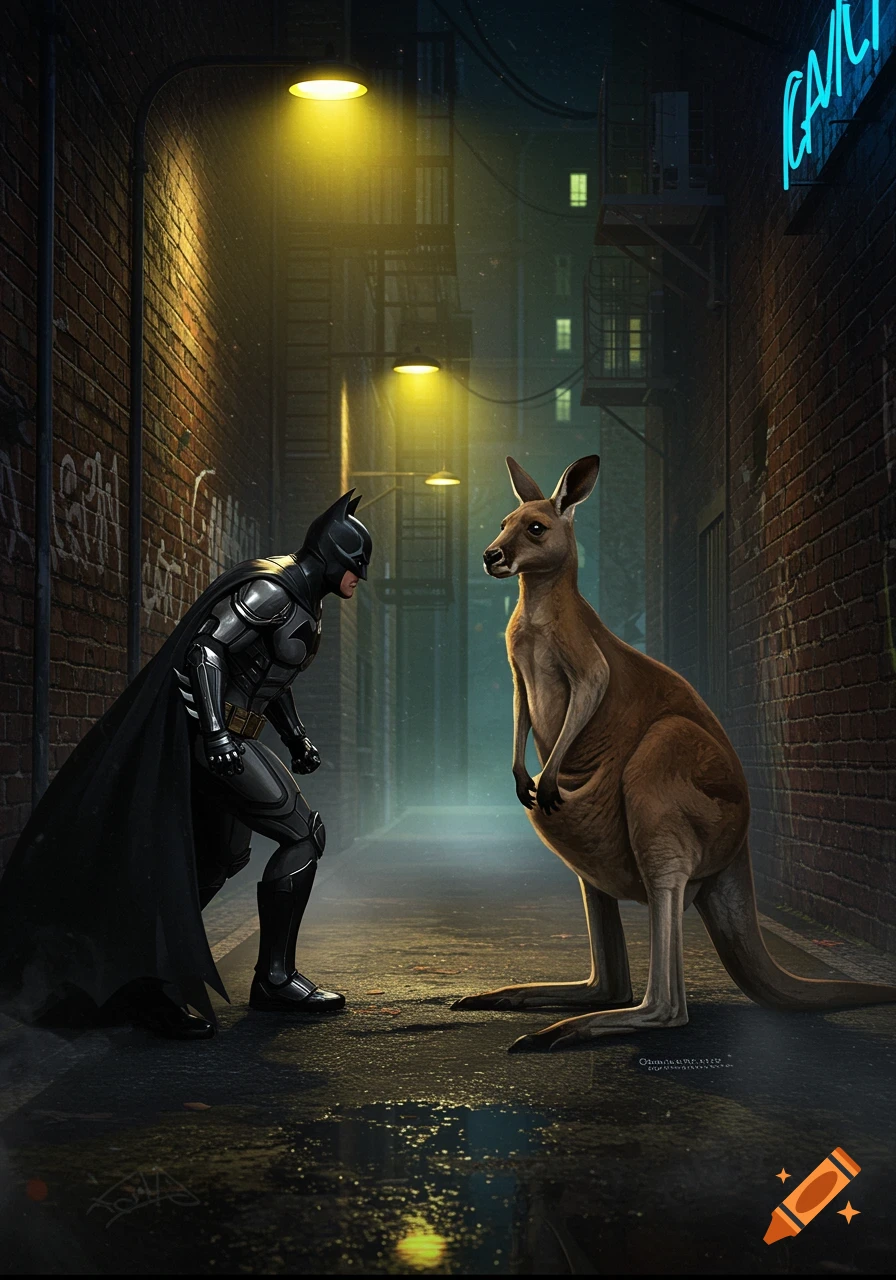 Batman in armor confronts a kangaroo in a dark, wet alley lit by streetlights and neon, photorealistic style.