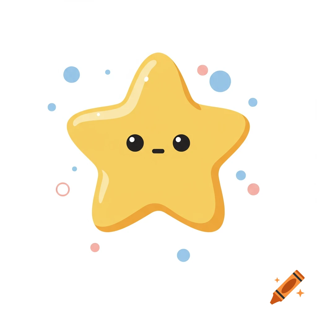 Rounded yellow star character with black dot eyes and a small line mouth, surrounded by colorful dots on a white background.