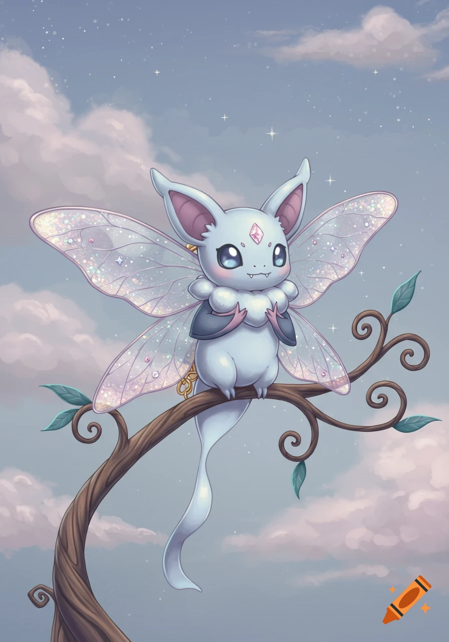 A cute, light-blue, bat-like creature with glittery translucent wings sits on a tree branch against a cloudy sky.