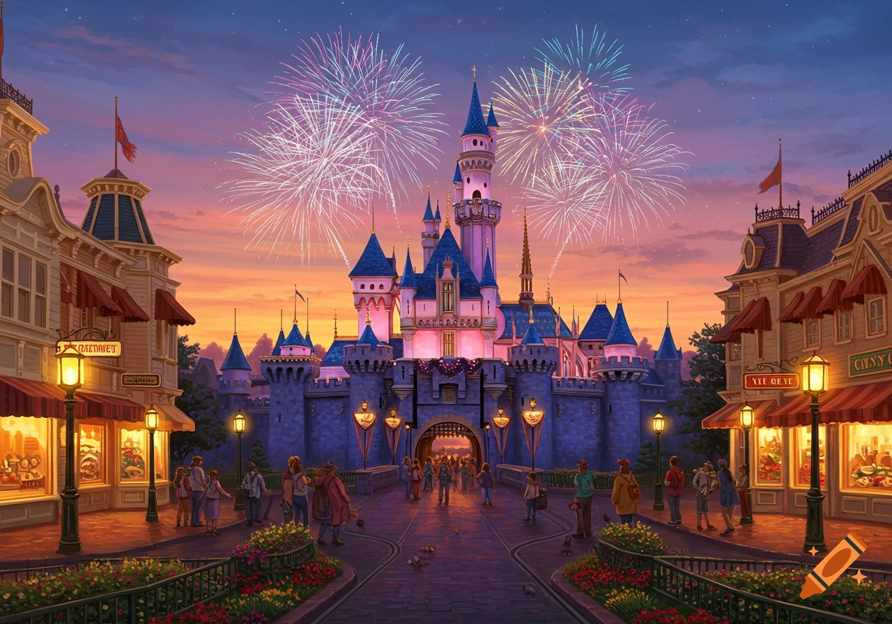 A vibrant illustration of a fairytale castle with pink and blue turrets, silhouetted against a dramatic sunset sky with fireworks. People stroll on the illuminated pathway leading to the castle entrance, flanked by detailed buildings.
