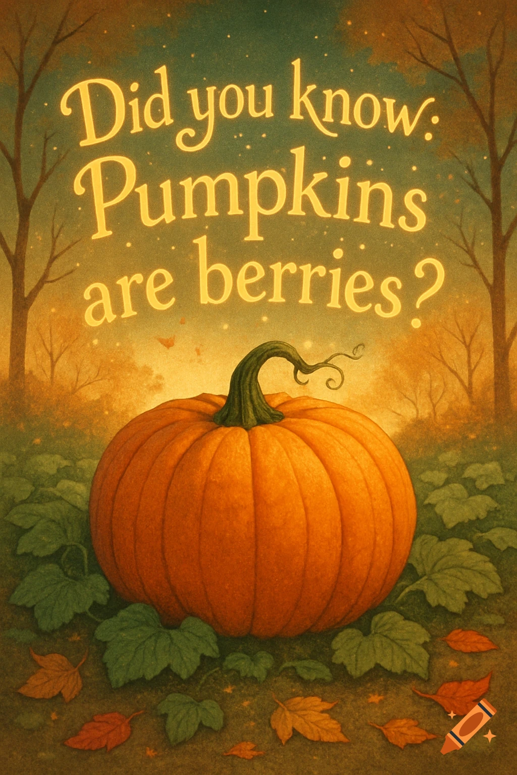 An illustration of a large orange pumpkin with green leaves and scattered autumn leaves, with text that reads 'Did you know: Pumpkins are berries?'