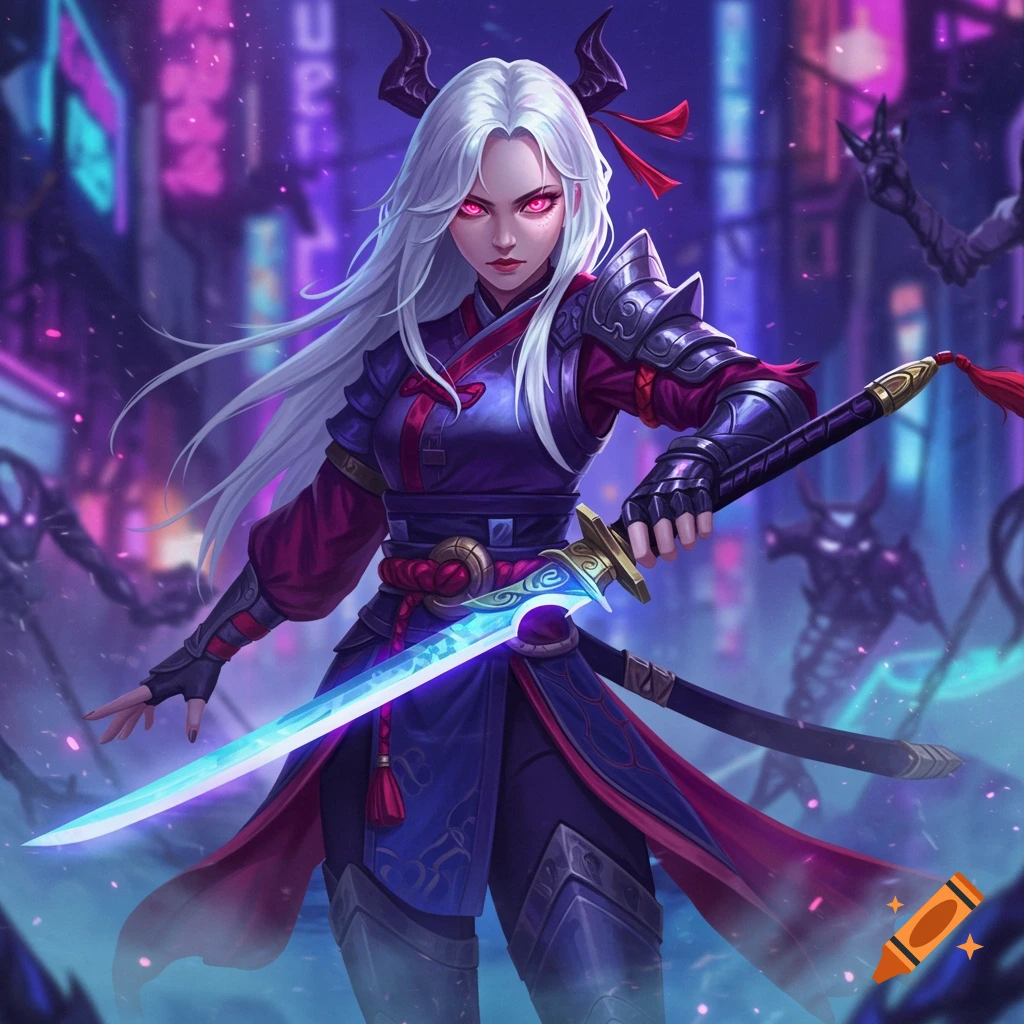 A female warrior with white hair, horns, and glowing red eyes, wearing armor and a kimono, holds a glowing blue sword in a neon cyberpunk city.