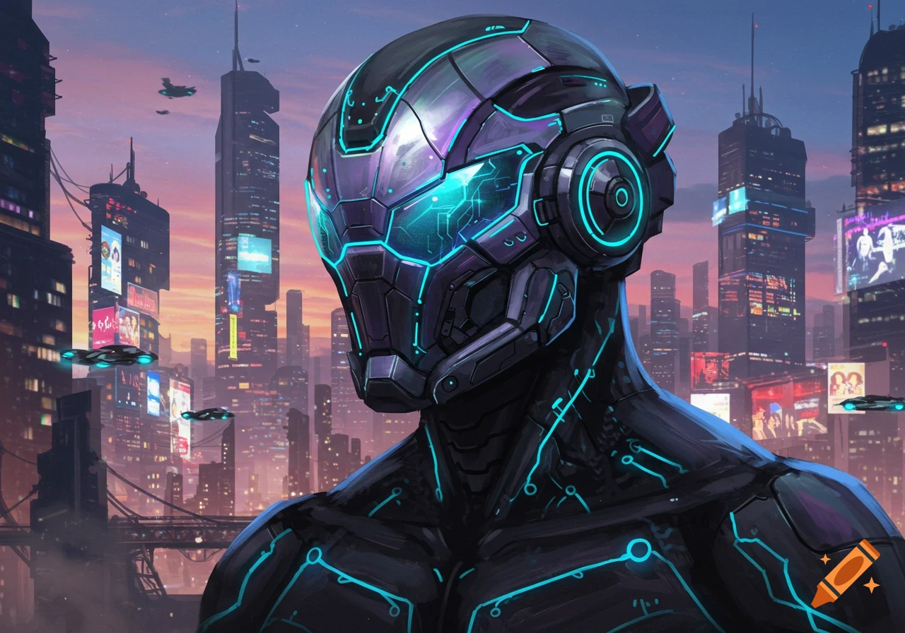Close-up of a humanoid figure with a glowing blue cybernetic helmet and body, standing in a futuristic city at dusk with neon-lit skyscrapers and flying vehicles.