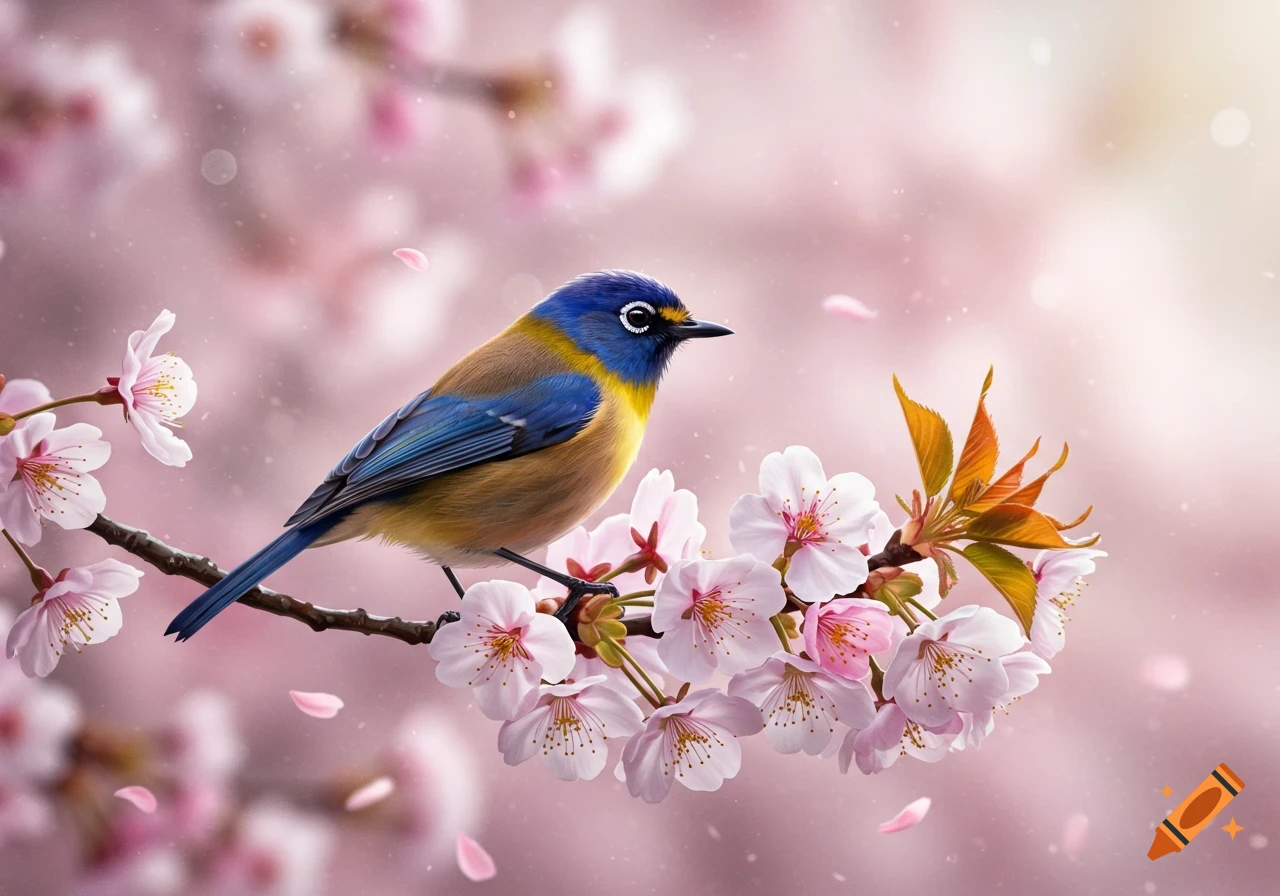 A vibrant blue and yellow bird perches on a branch with delicate pink cherry blossoms, against a soft pink bokeh background.