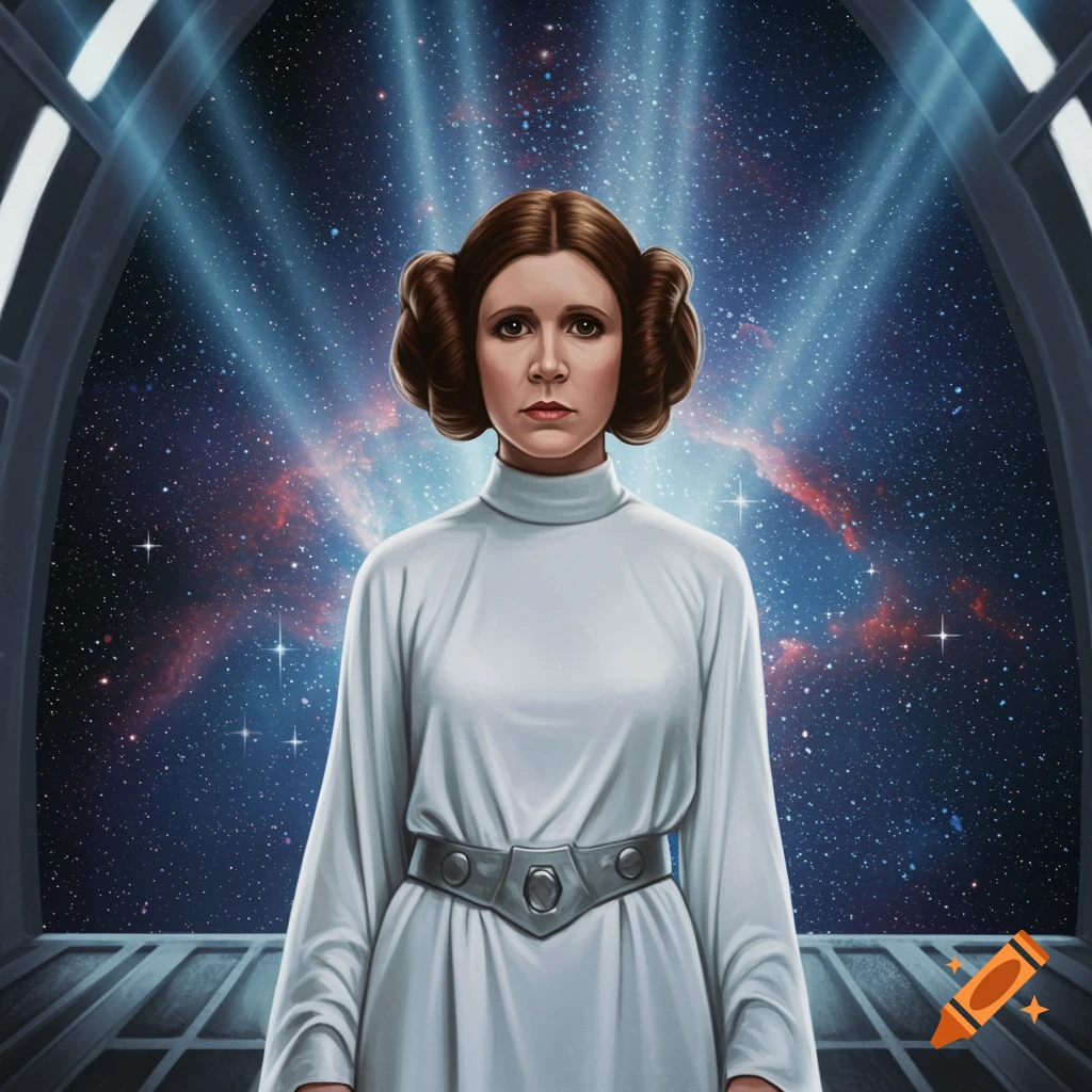 A digitally painted portrait of Princess Leia in her white dress, standing in a spaceship looking out at a starry nebula.