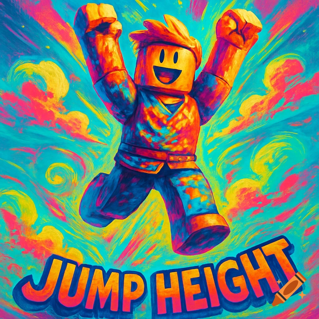 A vibrant, colorful Roblox character jumps excitedly with arms raised, against a swirling backdrop of pink, yellow, and blue, with the words 'JUMP HEIGHT' at the bottom.