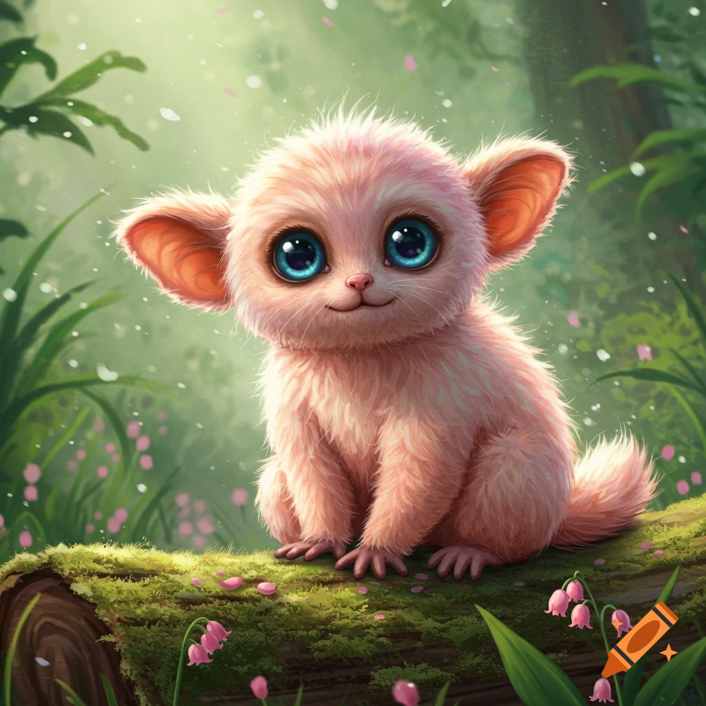 A fluffy pink creature with large blue eyes sits on a mossy log in a lush green forest, cartoon style.
