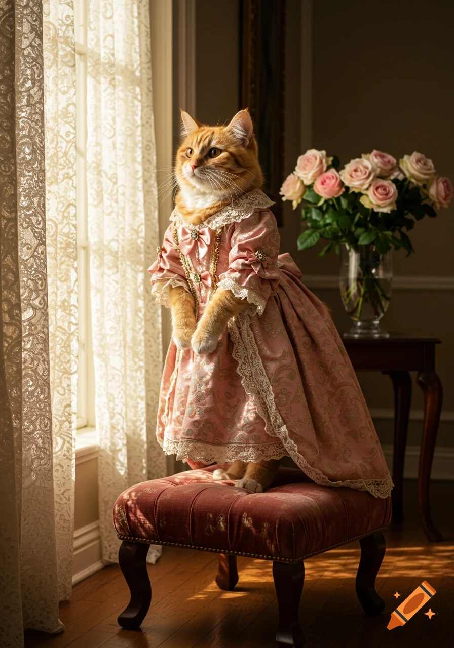 An orange cat in a pink Victorian dress sits on a red velvet stool by a sunlit window with lace curtains.