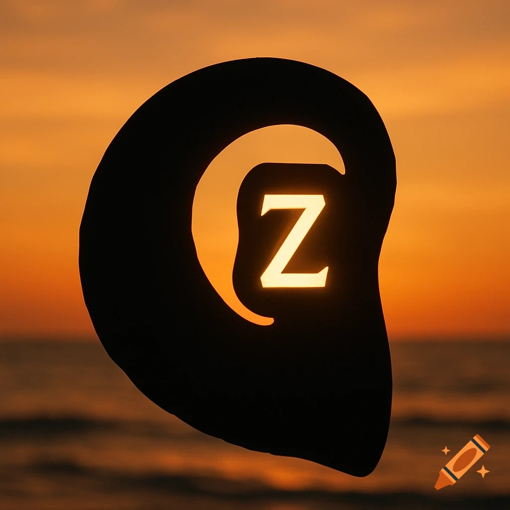 A dark, abstract silhouette resembling a seashell with a glowing letter Z cut out, set against an orange sunset over water.