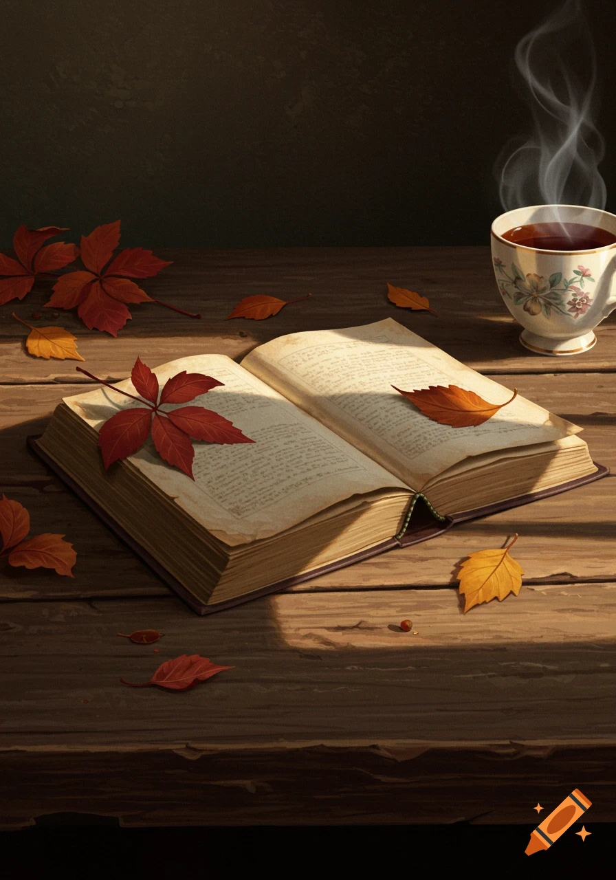 An open book with autumn leaves and a steaming cup on a wooden table, bathed in warm light.