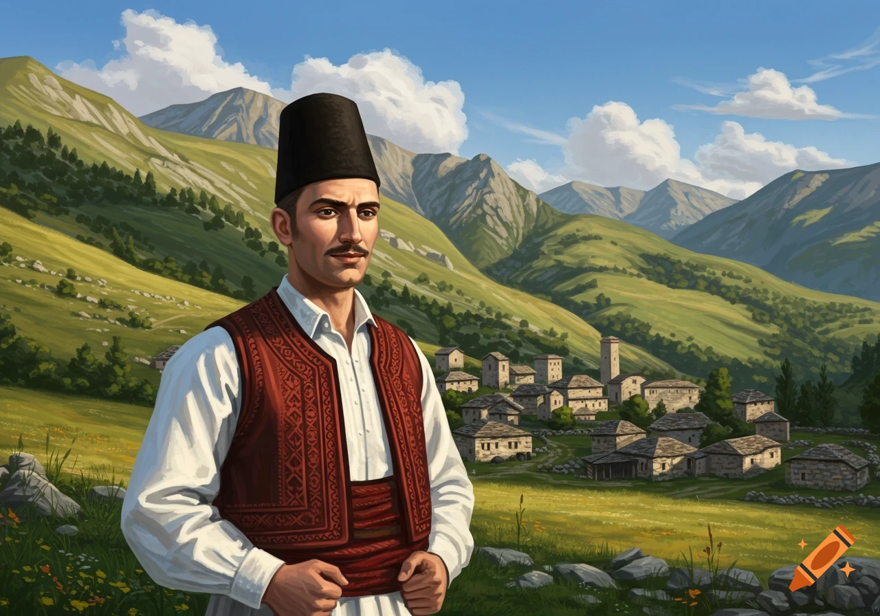 A man in traditional red and white clothing with a black hat stands in a mountainous landscape with a village.