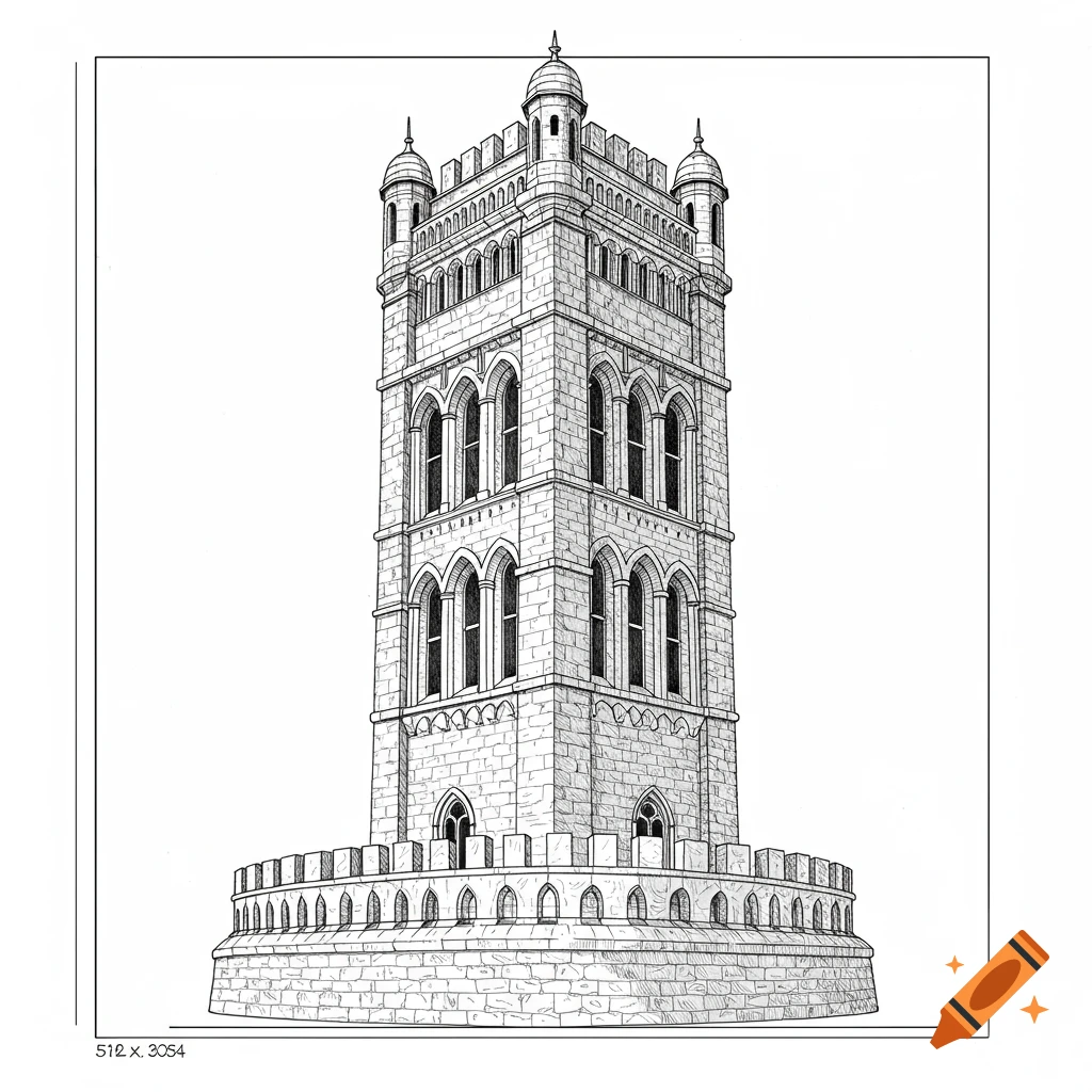 Detailed black and white line art drawing of a tall, medieval fortress tower with arched windows and battlements.