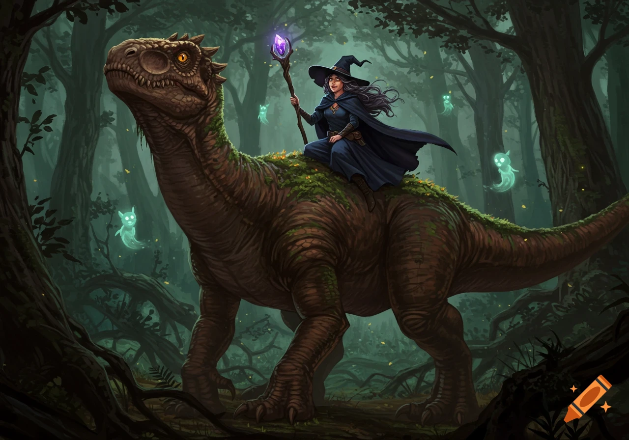 A dark-haired witch in a blue cape rides a large mossy dinosaur through a dark, mystical forest with glowing spirits.