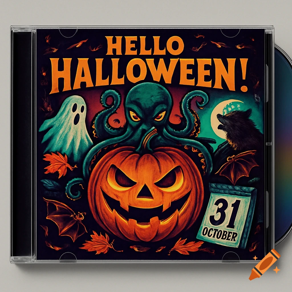CD cover for 'Hello Halloween!' featuring a grinning jack-o'-lantern with an octopus on top, a ghost, a wolf, and a calendar showing '31 October'.