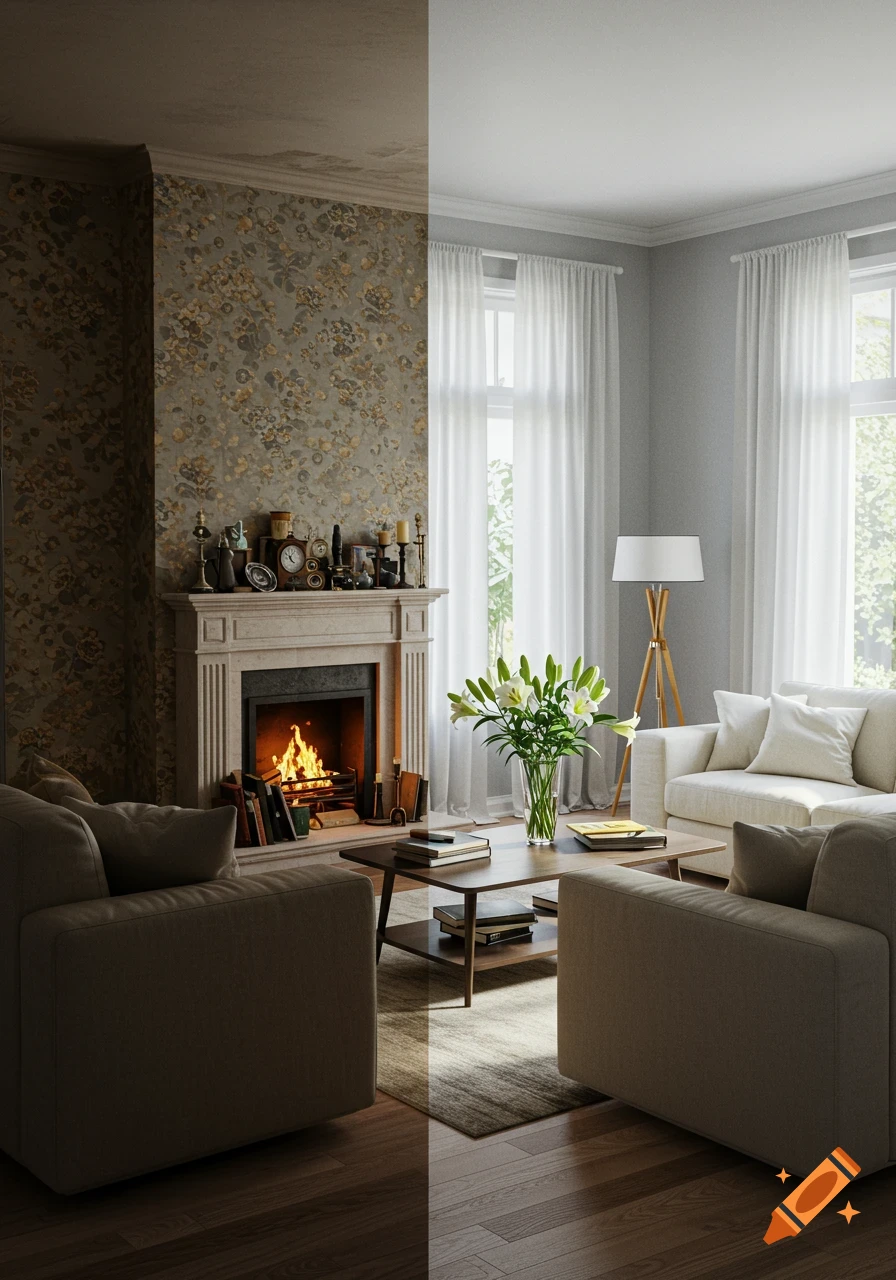 A photorealistic split image of a living room, showing a dark, traditional side and a bright, modern remodeled side.