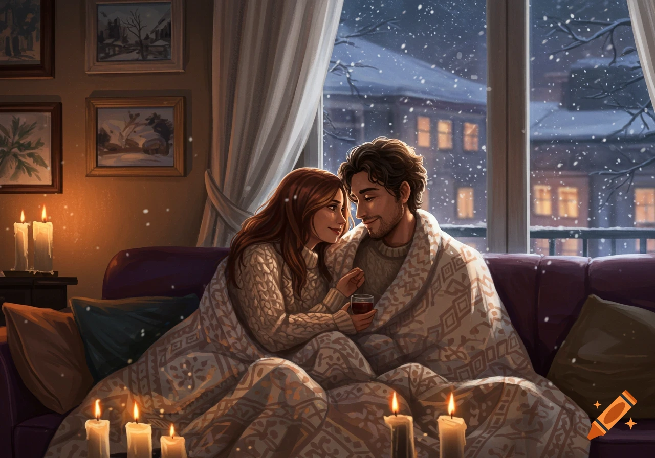 A couple cuddles under a patterned blanket by a window on a snowy winter evening, illuminated by candlelight.