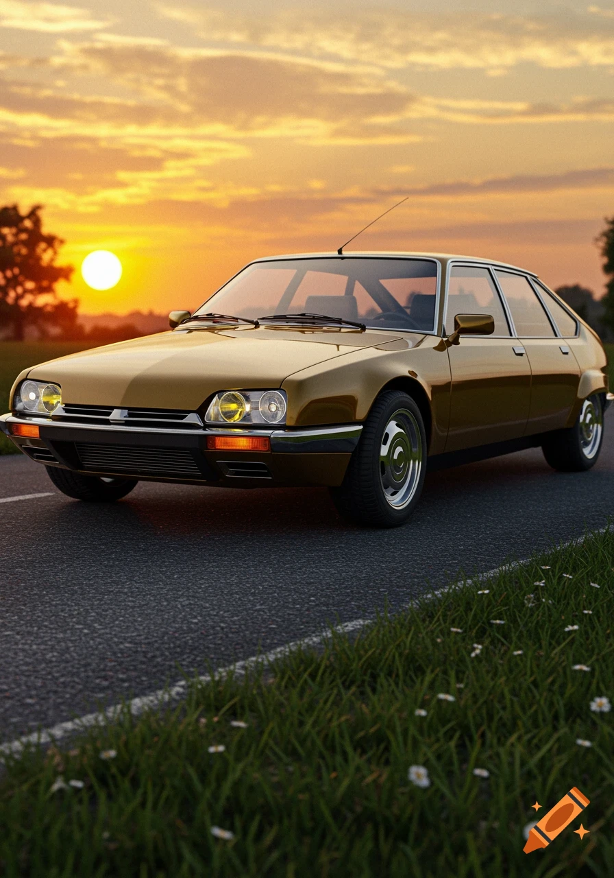 A gold-colored classic car parked on a road beside green grass, with a vibrant orange and yellow sunset in the background.