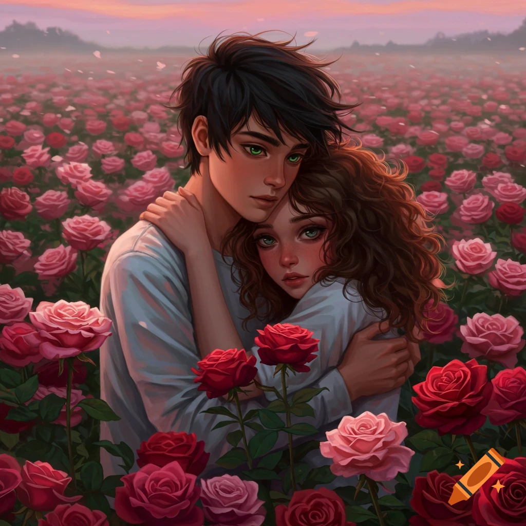 A boy with black hair and green eyes holds a girl with curly brown hair in a rose field at sunset, in an anime style.