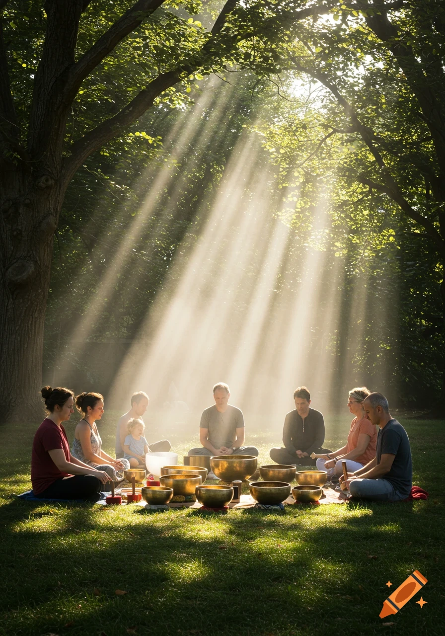 A group of people sit on grass under sunlit trees, surrounded by brass singing bowls, engaging in an outdoor sound healing session.