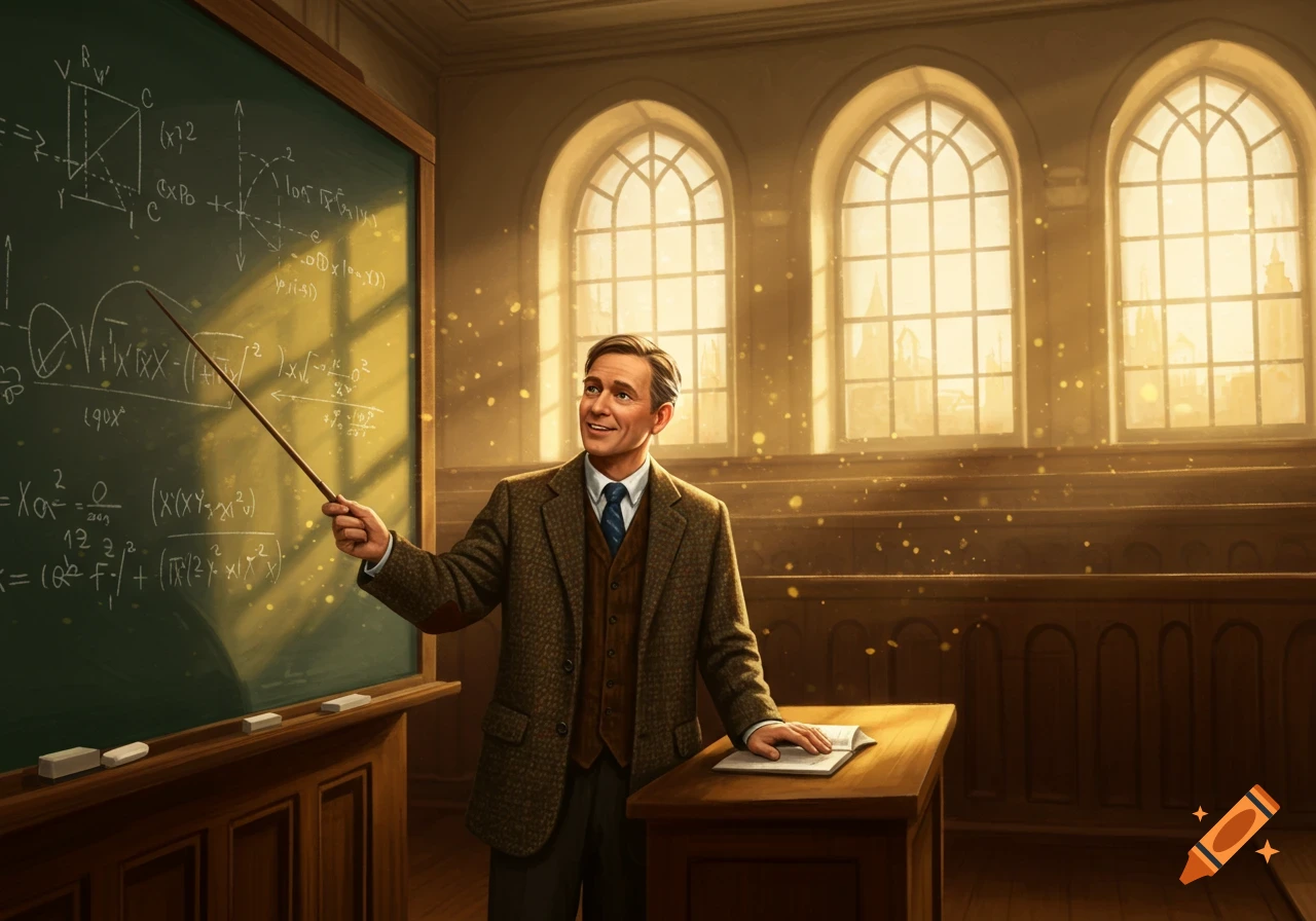 A smiling college professor in a suit points to mathematical equations on a blackboard in a sunlit classroom.
