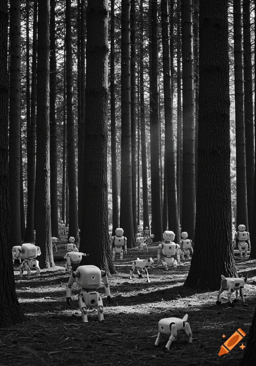Black and white photo of numerous humanoid and dog-like robots in a dense forest, light filtering through the trees.