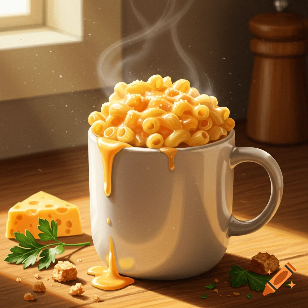 Hot, steaming mac and cheese in a white mug, with melted cheese dripping onto a wooden table. A cheese wedge and parsley are nearby.