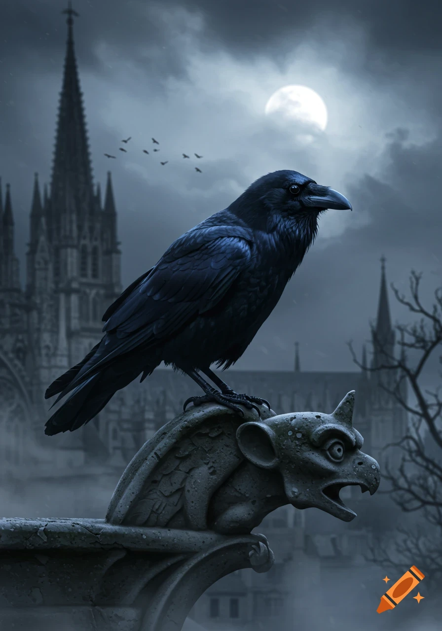 A dark raven perched on a stone gargoyle overlooking a gothic cathedral under a full moon at night.