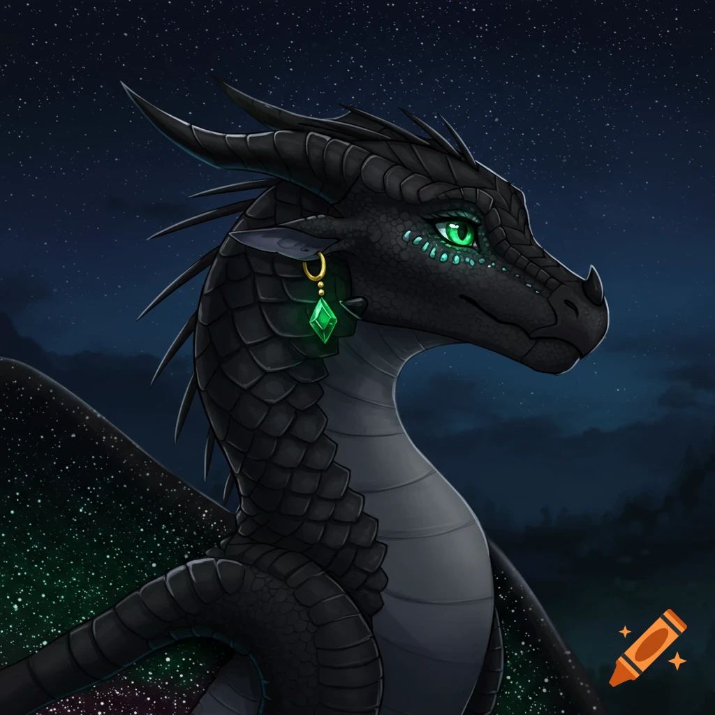 A black NightWing dragon with emerald eyes and a gold and emerald earring against a starry night sky, rendered in a digital art style.
