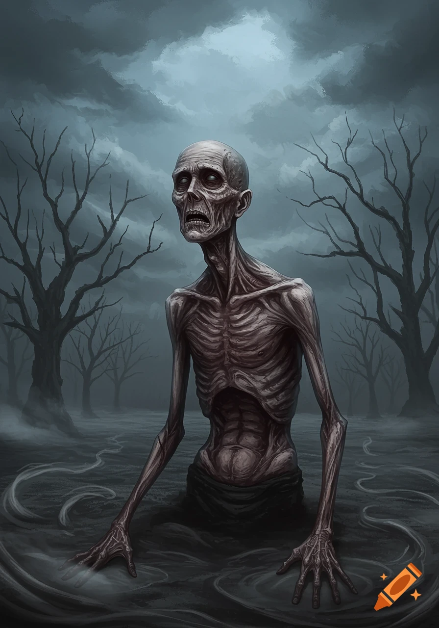 A shriveled, bald, zombie-like man stands in dark, murky water in a foggy, bleak forest illustration.