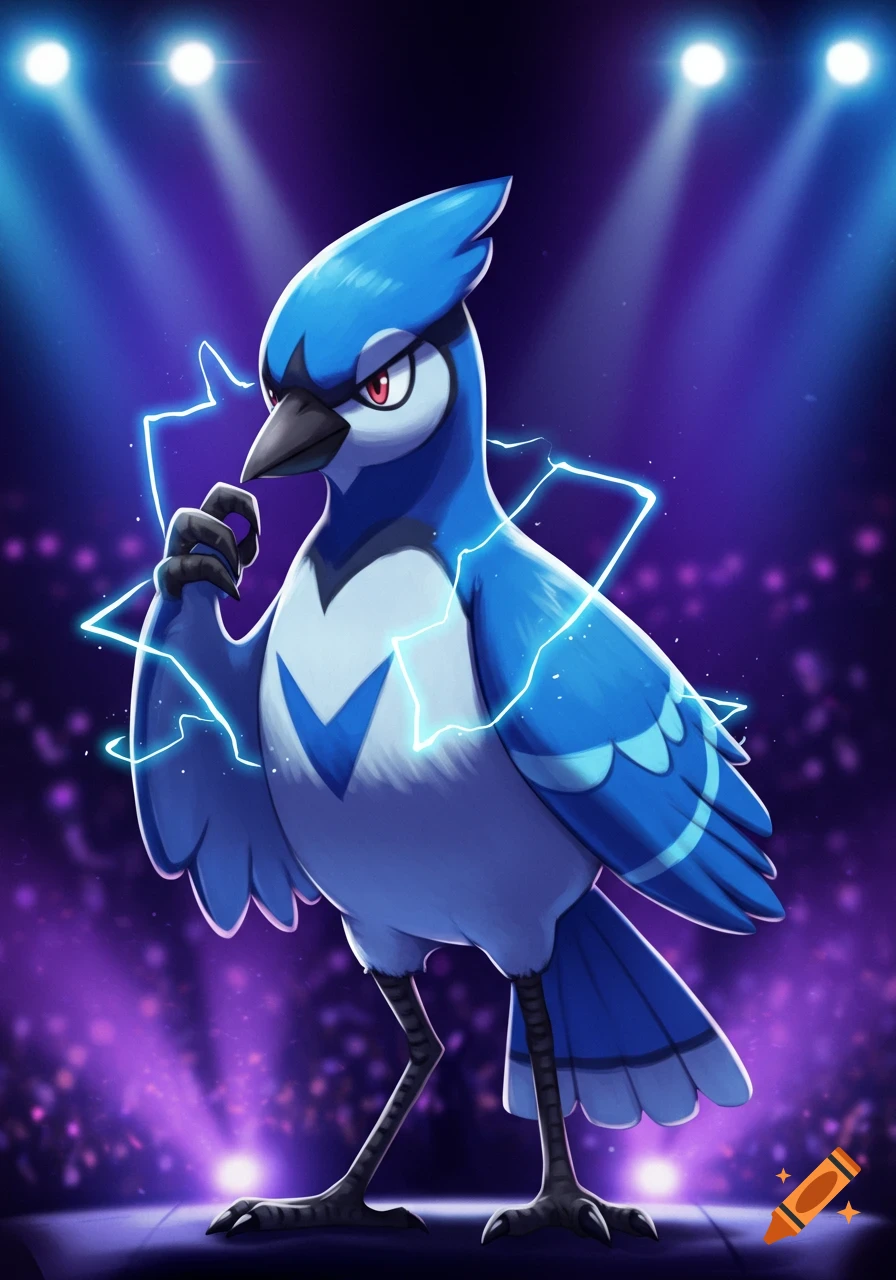 A stylized blue jay Pokemon character, standing on a stage under spotlights, surrounded by blue electricity.