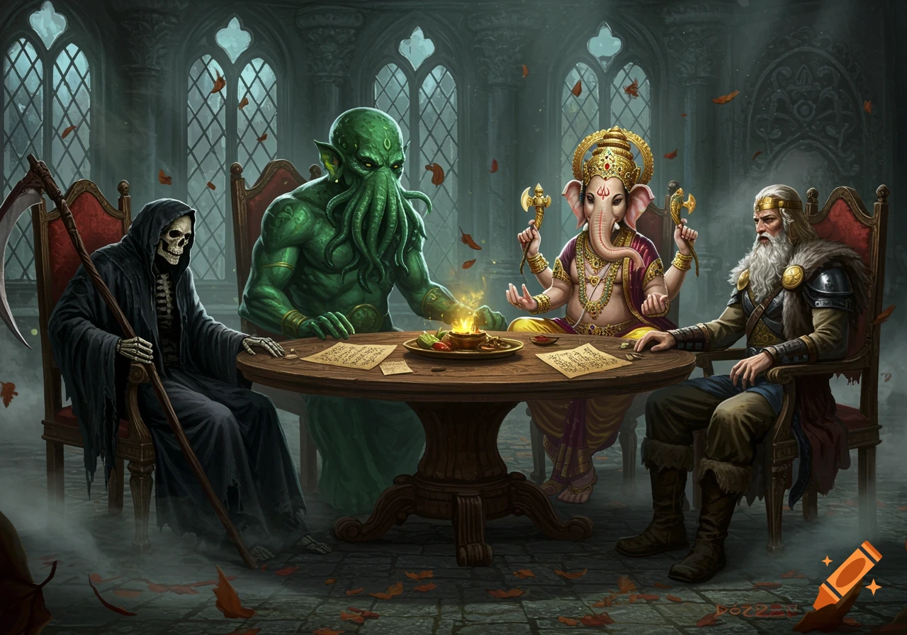 The Grim Reaper, Cthulhu, Ganesha, and Odin sit around a table in a dimly lit, gothic chamber with tall windows.