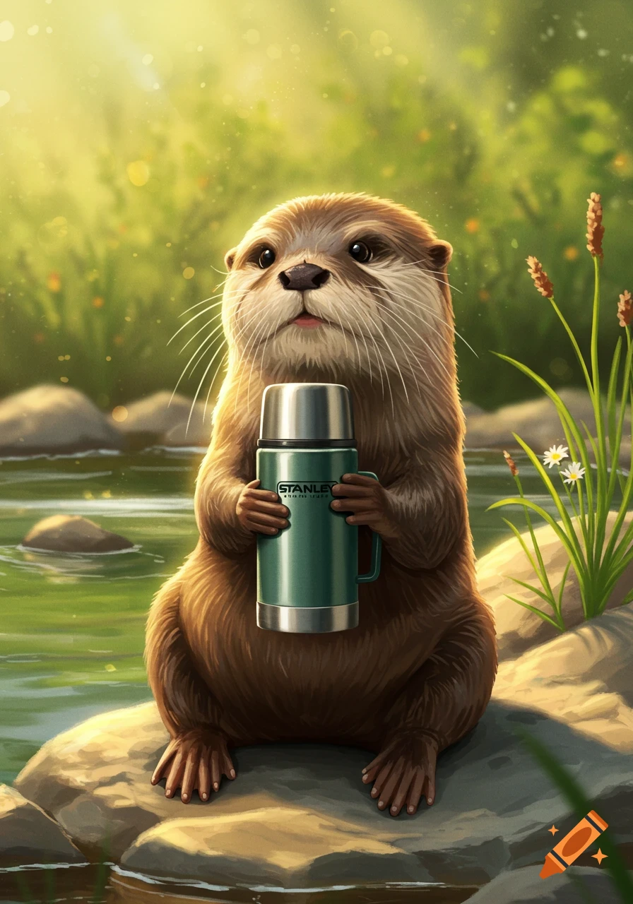 A cute cartoon otter sits by a river, holding a green Stanley thermos.