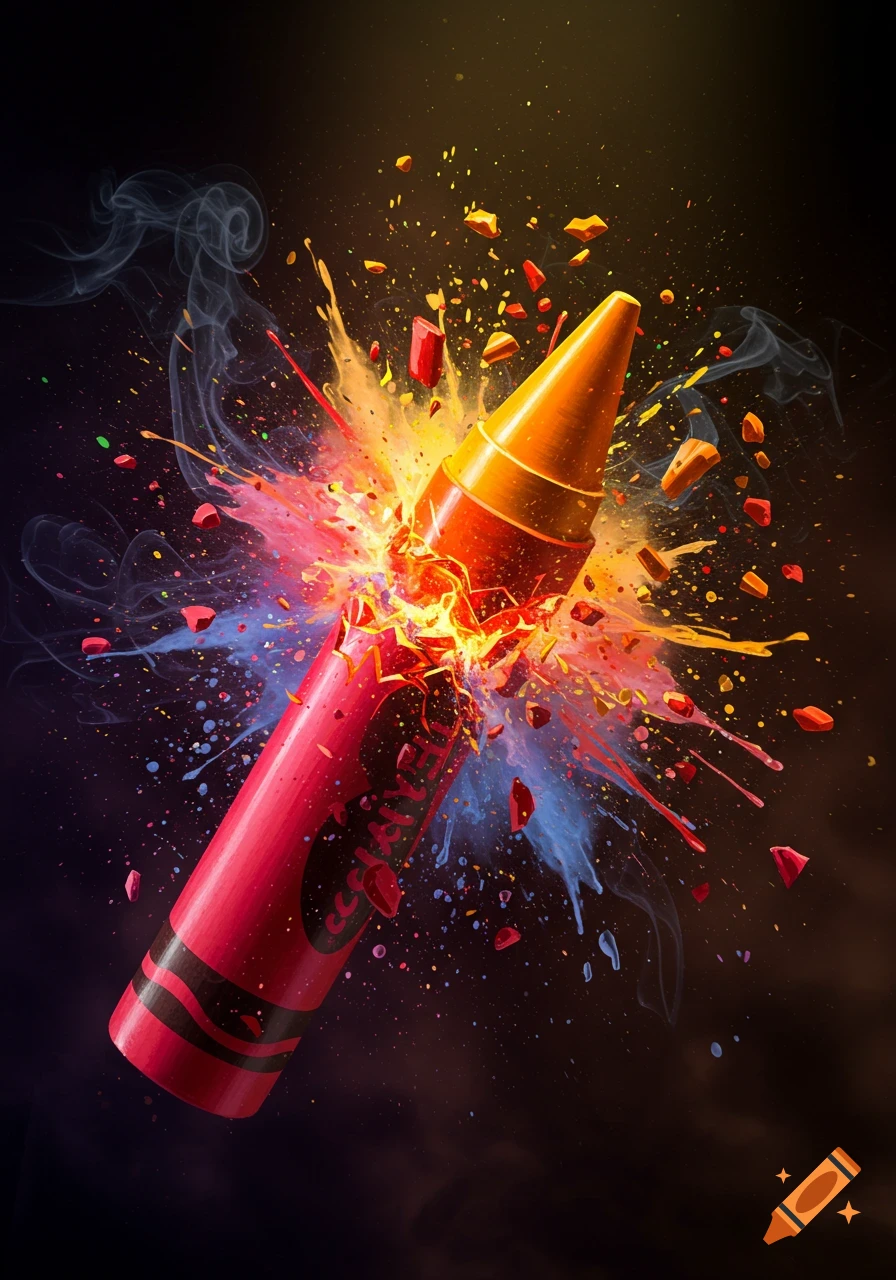 A red and orange crayon explodes in a burst of colorful powder and light.