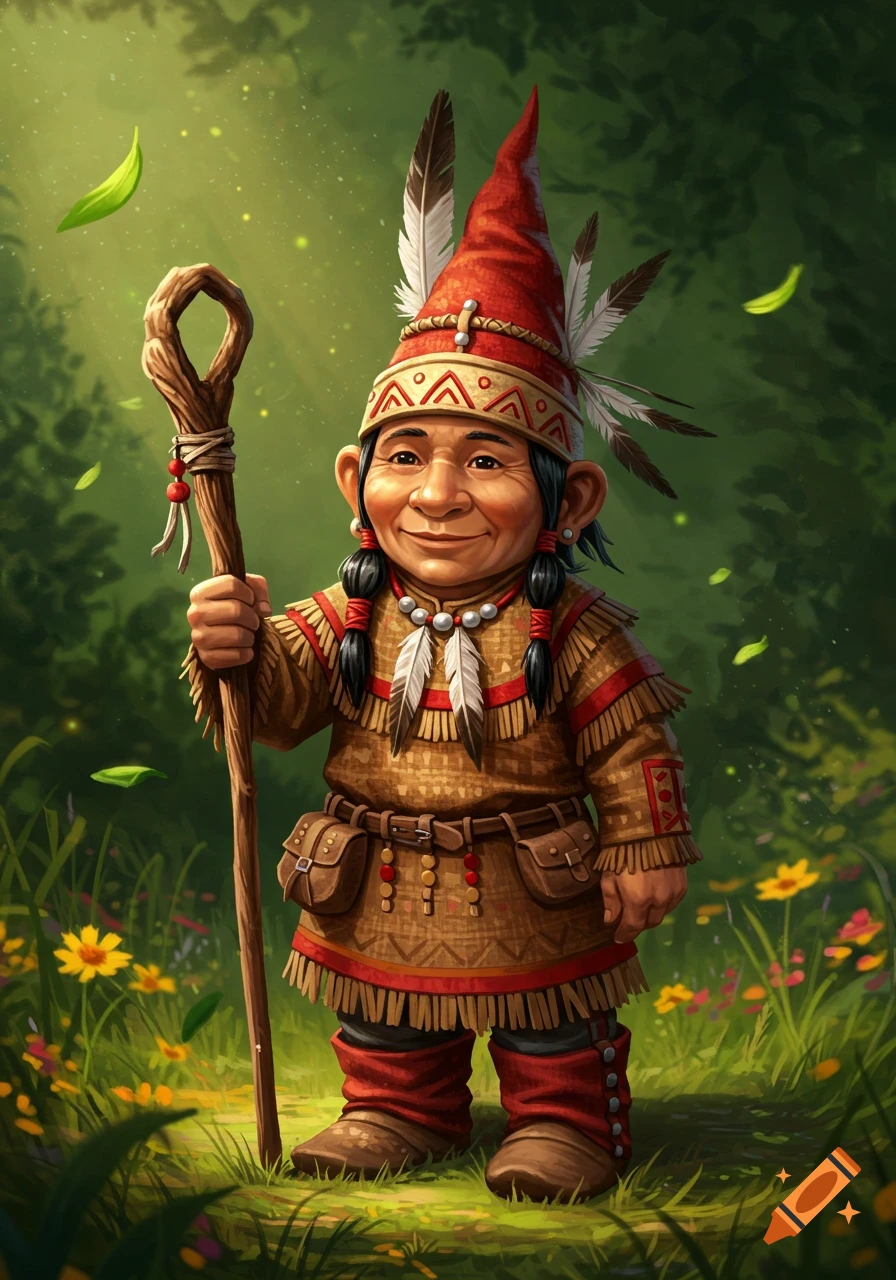 A friendly gnome wearing a red pointy hat with feathers and native-inspired clothing, holding a wooden staff in a sunlit forest.