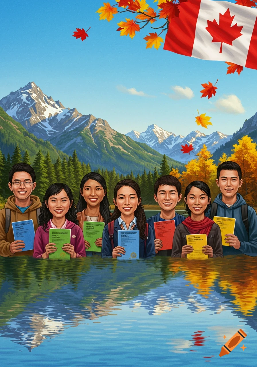 Illustrative image of diverse individuals holding documents in a lake with mountains, Canadian flag, and maple leaves.