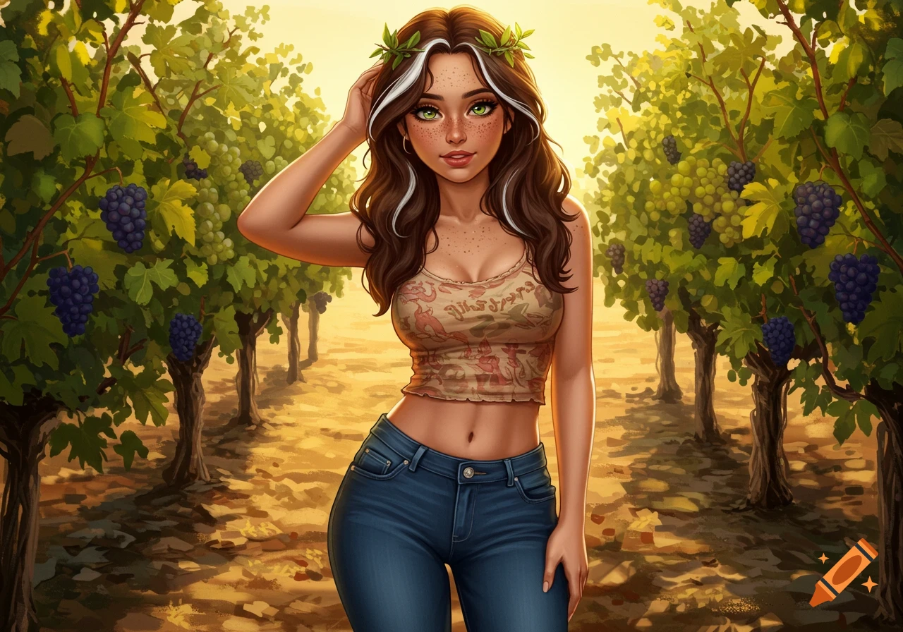 A woman with brown hair, white streaks, green eyes, and freckles, wearing a leaf crown, cropped top, and jeans, stands in a sunny vineyard.