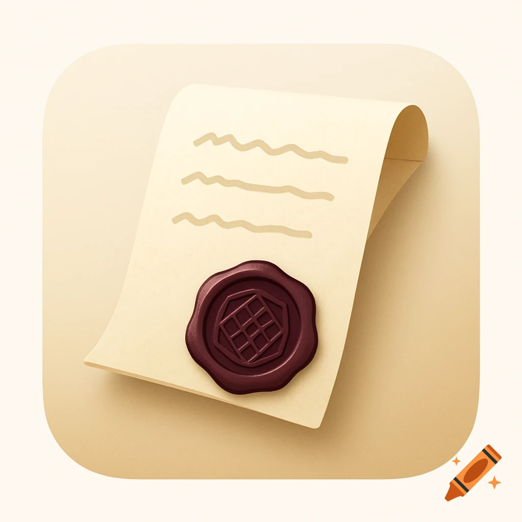 A stylized app icon featuring an aged parchment document with a prominent dark burgundy wax seal and faint handwritten lines.