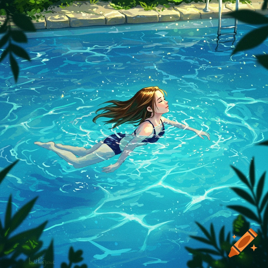 A woman with long brown hair in a swimsuit floats on her back in a blue swimming pool, in an artistic illustration style.